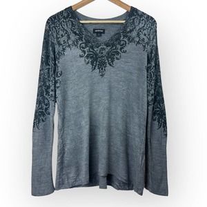 Avenue Sweater Paisley Distressed V-Neck Gray Black Size 14/16